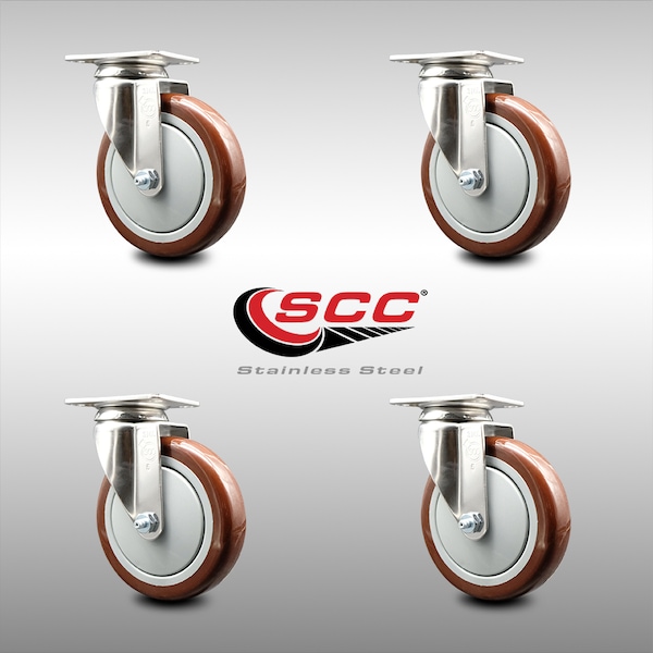 5 Inch 316SS Maroon Polyurethane Wheel Swivel Top Plate Caster Set SCC